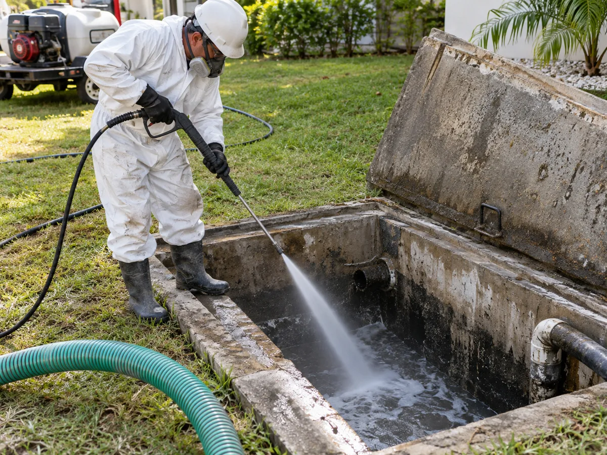 Técnico lavando el interior de una fosa séptica con hidrolavadora