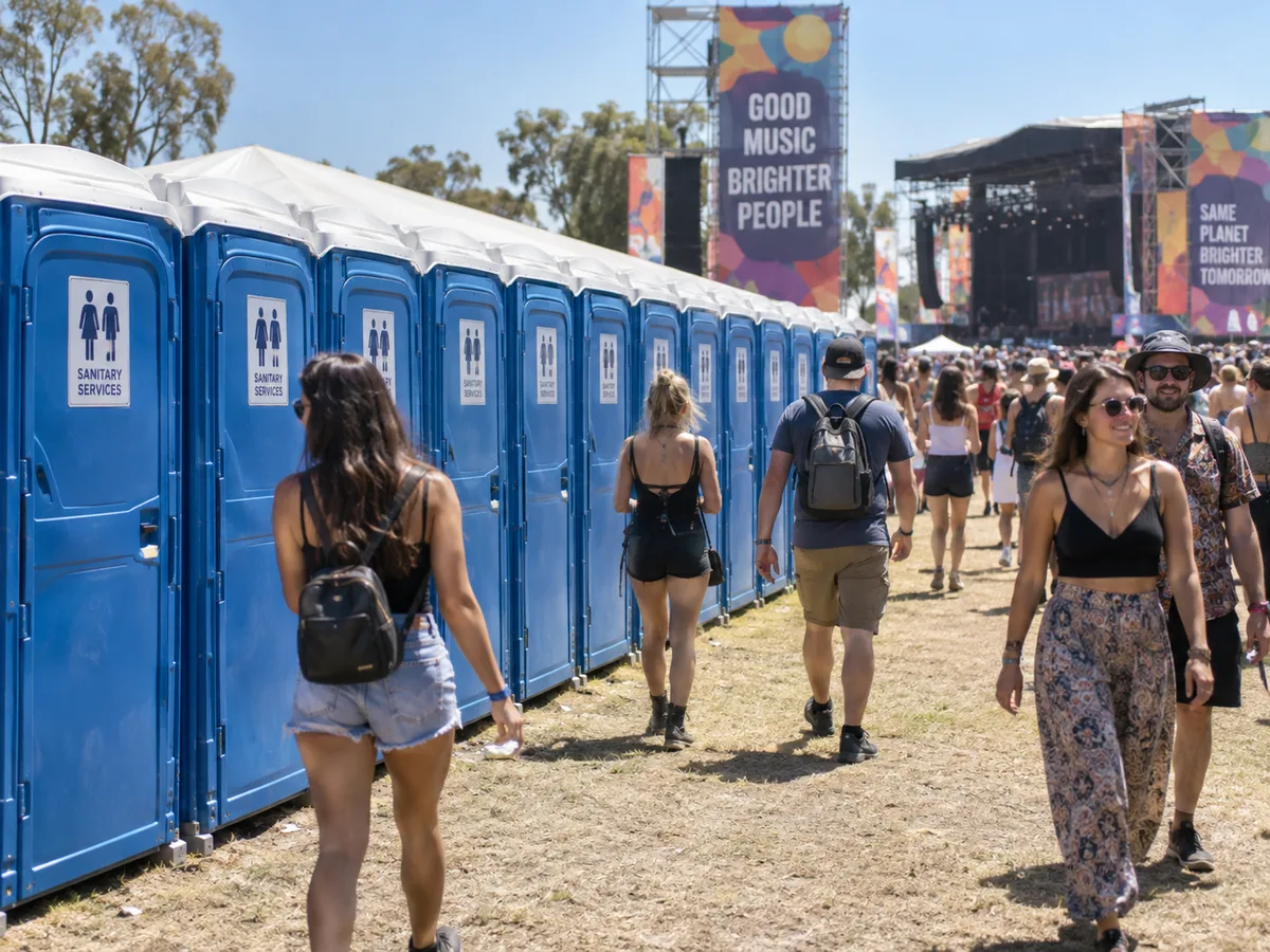 Fila de sanitarios portátiles en evento masivo al aire libre